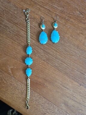 Lucky Brand Gold-Tone Bracelet And Earrings with Faux Drops Turquoise Stones